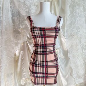 Red, Black and Tan Plaid Body Con Mini Dress